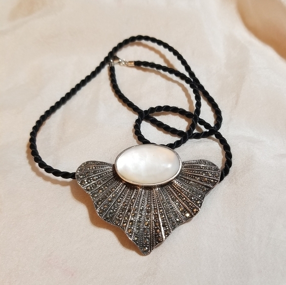 VTG Designer Sterling MOP Marcasite Necklace/ Brooch - Picture 2 of 7